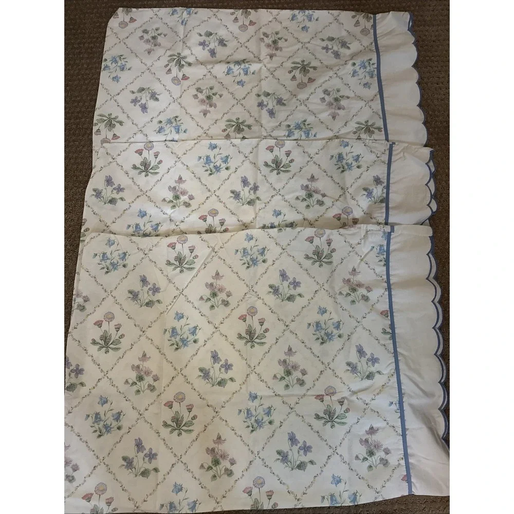 Vintage Fieldcrest Standard Pillowcase Blue Scalloped Edge Floral Cotton USA-3